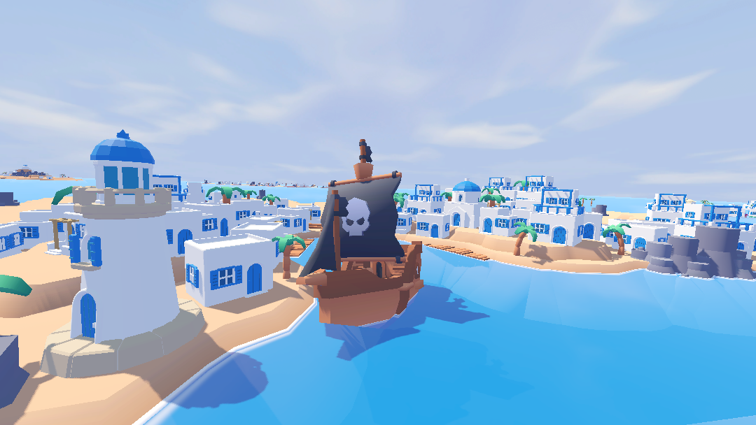 A pirate ship sailing through a bright Cycladic island town.